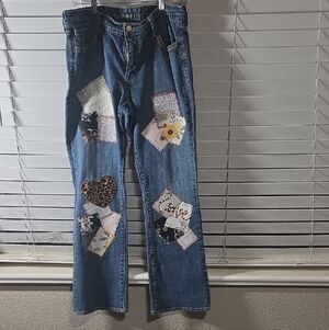 Old Navy Blue Patchwork Straight-Leg Jeans with Floral & Leopard Accents